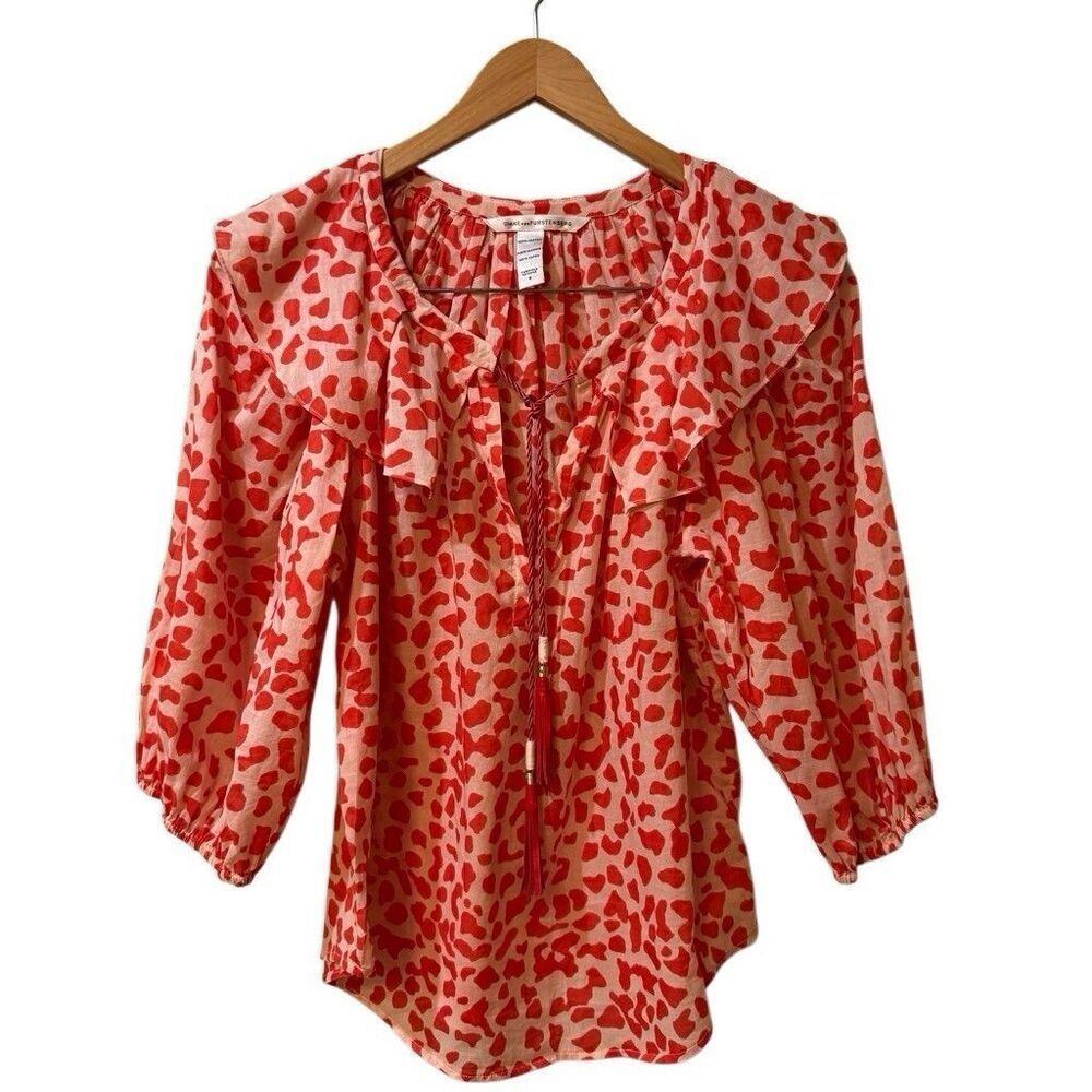 Diane Von Furstenberg Womens Cotton Blouse Size 8 Ruffled Collar